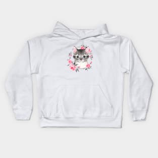 Gray cat with flowers Kids Hoodie